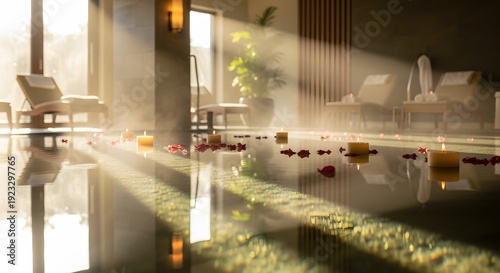 Tranquil spa room with sunbeams, scattered rose petals, and lit candles reflecting on a polished floor, creating a serene ambiance