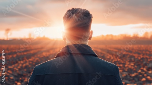Man standing in field looking at sunrise, concept of vision, future success, hope, and new beginnings for business and personal growth