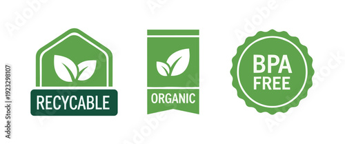 Green environmental marketing logos for recyclable organic and bpa free products.