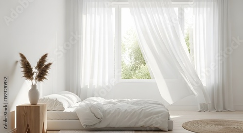 Serene bedroom with white sheer curtains gently blowing in a refreshing breeze, bathed in bright natural light, creating a peaceful and airy atmosphere