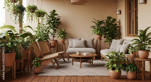 Inviting and tranquil urban balcony garden adorned with abundant green potted plants and stylish natural wooden lounge furniture for serene relaxation