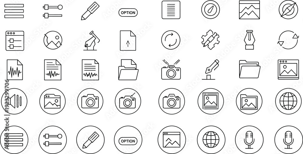 Fototapeta premium Outline User Interface and Multimedia Icon Set Featuring Files, Images, Audio, Camera, Settings, Tools, and Navigation Symbols for Web and App Design Systems