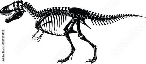 Tyrannosaurus rex dinosaur skeleton silhouette in side profile, minimalist vector illustration for paleontology design, prehistoric predator, fossil anatomy graphic art
