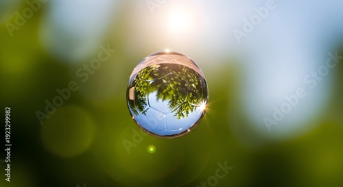 Crystal clear reflection of green foliage and blue sky in a water droplet, macro photography