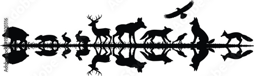 Forest wildlife silhouettes including deer, wolf, fox, and birds with water reflection on grass, CAD drawing flat vector illustration for nature landscape designs.