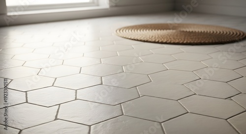 Clean, bright interior with modern white hexagonal floor tiles. Geometric pattern defines a contemporary style, subtly accented by a natural woven mat