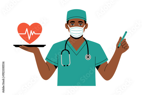 A smiling medical professional wearing a face mask and scrubs holding a heart with an ECG line and a pen
