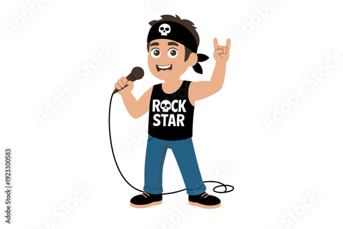 A cartoon rock star character holding a microphone and wearing a black bandana and rock star shirt