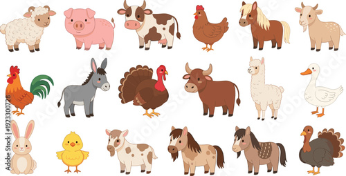 Farm Animal Cartoon Collection with Cow Pig Sheep Horse Chicken Turkey Donkey and Llama Vector Set
