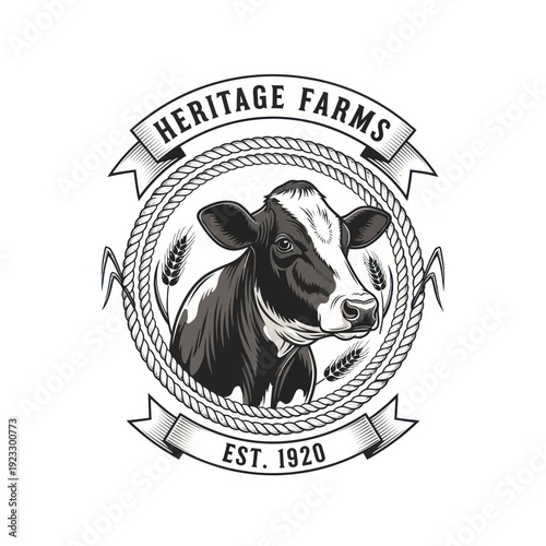 Heritage Farms Cow Emblem - Vintage Farm Logo with Wheat Stalks and Rope