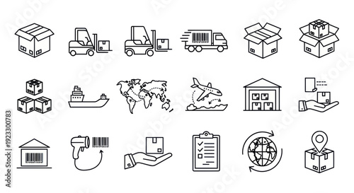 Logistics and Delivery Icons Set: Shipping, Transport, Warehouse, Global Map, Airplane