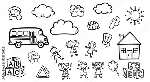 Doodle Set: Kids, School Bus, House, Clouds, Sun, ABC Blocks, Flower