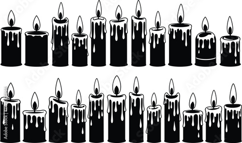 Black, candle, silhouettes, with, dripping, wax, and, burning, flames, set, of, different, heights, isolated, on, white, background, vector, illustration, collection.