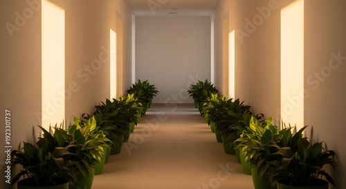 Symmetric modern hallway adorned with vibrant green potted plants, creating a serene and well-lit interior architectural pathway, emphasizing clean lines and natural light