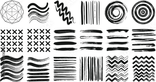 Black hand drawn ink brush strokes, grunge textures, geometric cross patterns, wavy lines, circular swirls, and abstract artistic design elements vector set.