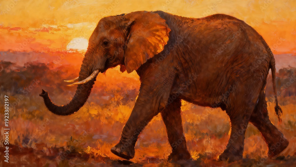 Obraz premium 夕焼けに歩む象の温かな油彩画