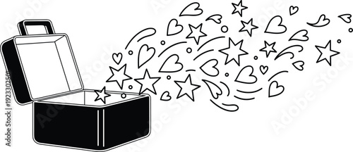 Open suitcase silhouette with stars and hearts flying out representing imagination travel surprises dreams magic love and creative business ideas concept