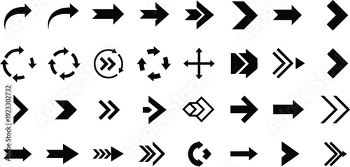 Set of various arrow icons including directional pointer navigation symbols reload cycle signs and next buttons for web design and apps