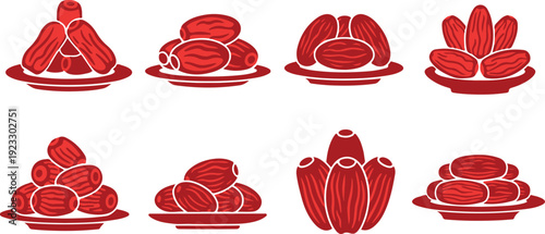 Set of Red Date Fruits on Plates Vector Illustration