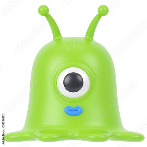Photos A funny green alien toy character in 3D cartoon style isolated on a white backgr