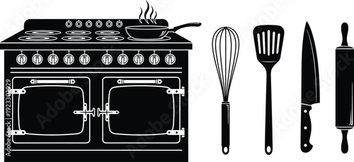 Vintage kitchen stove silhouette with whisk spatula chef knife and rolling pin for bakery cooking classes restaurant menus and catering