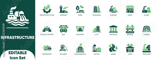 Infrastructure Solid icon set. Featuring estate, governance, graphic, education, government, housing, and vector icons.
