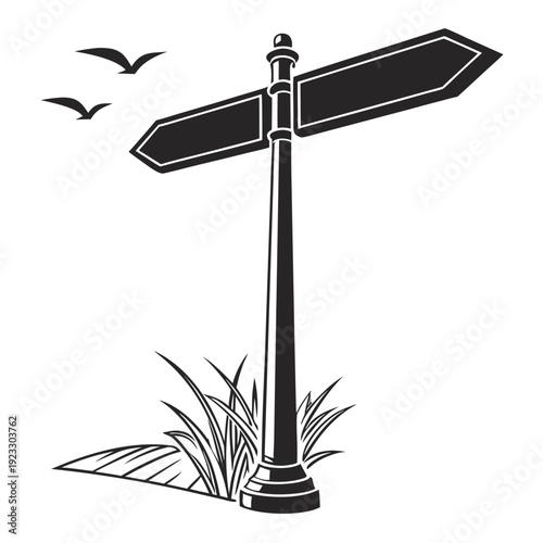 A signpost with two signs and birds flying overhead