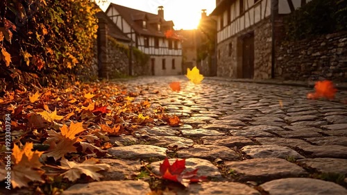 Cobblestone street in a quaint European village is covered with colorful autumn leaves at sunset.