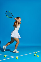 Young athlete plays tennis against a bright blue background