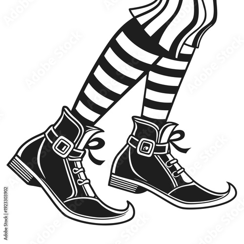 A black and white illustration of legs wearing striped tights and black boots