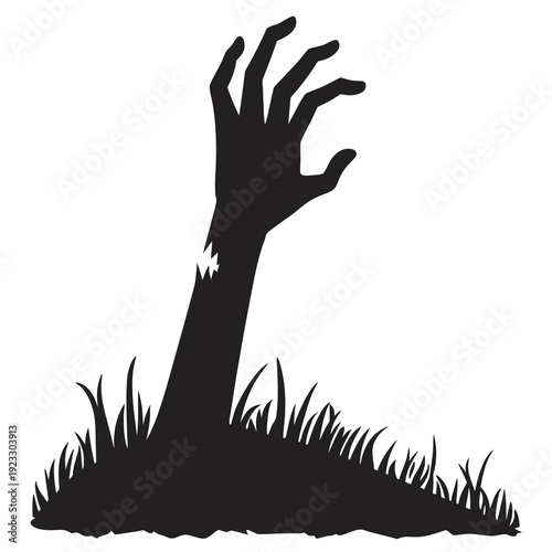 A black silhouette of a zombie hand coming out of the ground