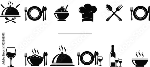 Restaurant and dining icon set with chef hat wine bottles plates cutlery and food platters for catering menu design and cafe