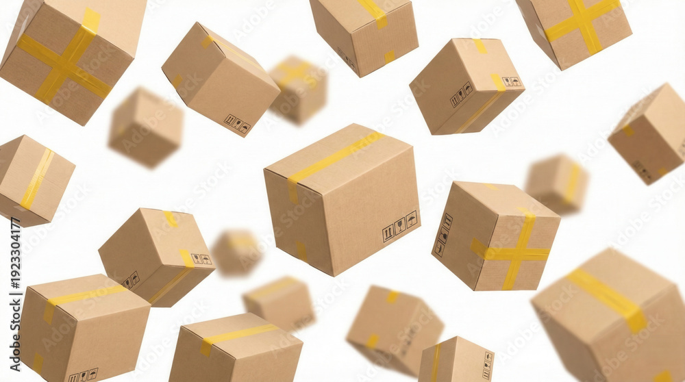 Fototapeta premium Falling brown cardboard delivery boxes with yellow tape on a white background, representing shipping and logistics