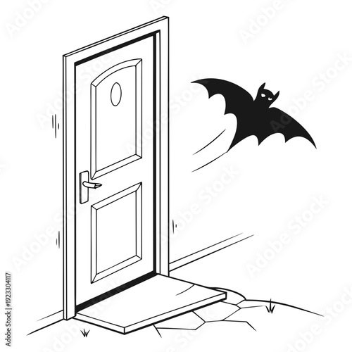 A bat flying through an open door