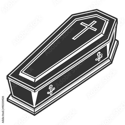 A black coffin with a cross on the lid