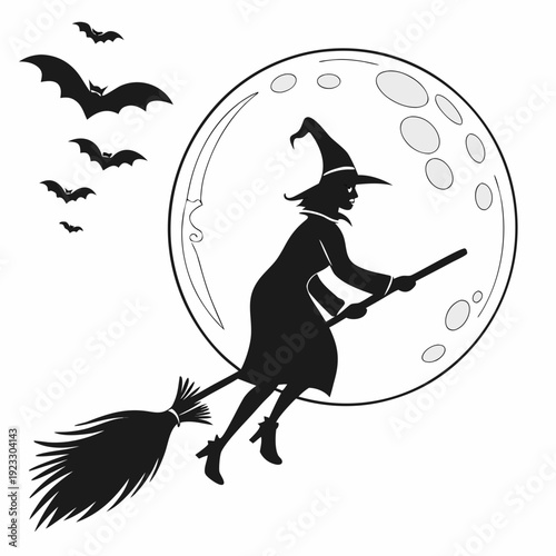 A black silhouette of a witch flying on a broomstick