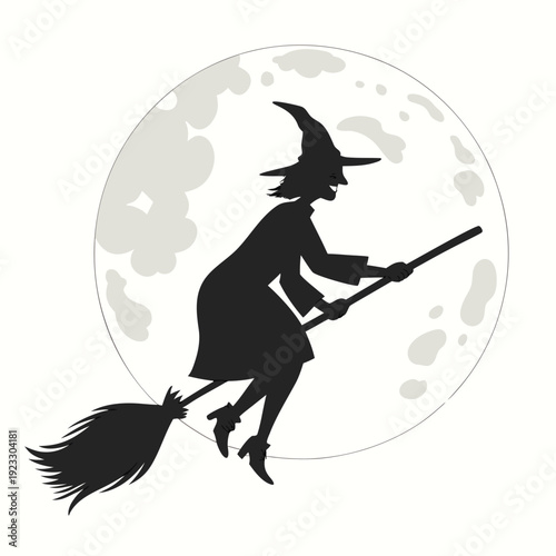 A black silhouette of a witch flying on a broomstick