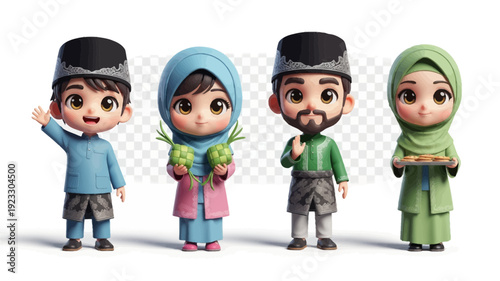 Cute Muslim Kids Celebrating Eid al-Fitr Hari Raya Illustration