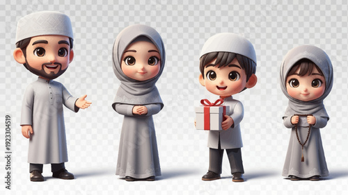 Happy Muslim Family Cartoon Characters