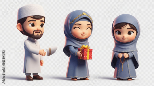 Karakter Kartun Muslim Merayakan Idul Fitri