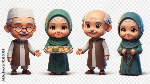 Cute Chibi Muslim Grandparents Celebrating Eid