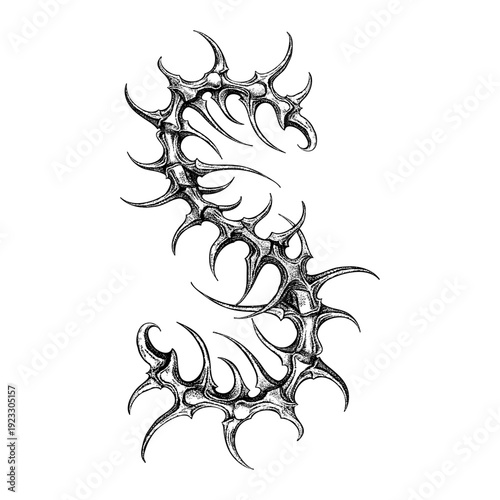 Hand-drawn letter S in sharp tribal thorn style, featuring intricate spiked curves and organic gothic detailing. Black ink vector illustration isolated on white, perfect for tattoo design, logo, etc.
