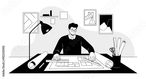 Architect designing building plan on desk with blueprints and tools