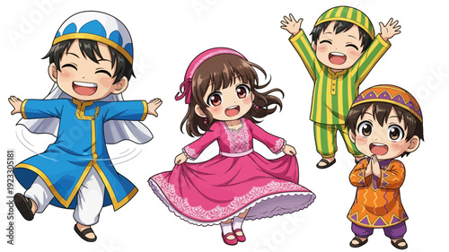 Anak-anak Asia yang Bahagia Menari dengan Pakaian Tradisional