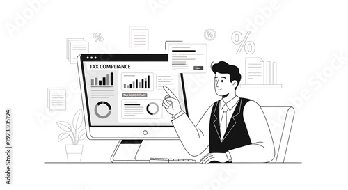 Businessman analyzing tax compliance data on computer screen