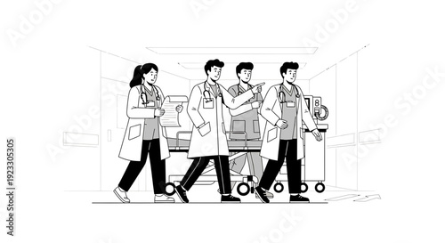 Medical Team Walking in Hospital Corridor with Stethoscope and Equipment