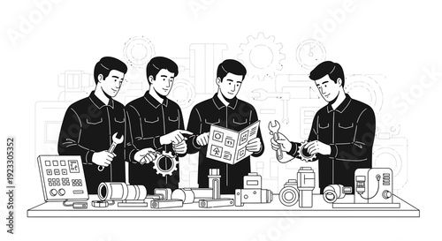 Team of engineers assembling machinery, studying blueprints, and using tools