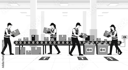 Warehouse workers by conveyor belt, sorting packages and boxes in a factory