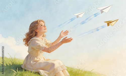 A young girl in a white dress with long blonde curls sits on grass, releasing paper airplanes into a sunny sky with soft clouds. She smiles, embodying childhood innocence and imagination.