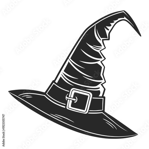 A black witch hat with a buckle on the belt